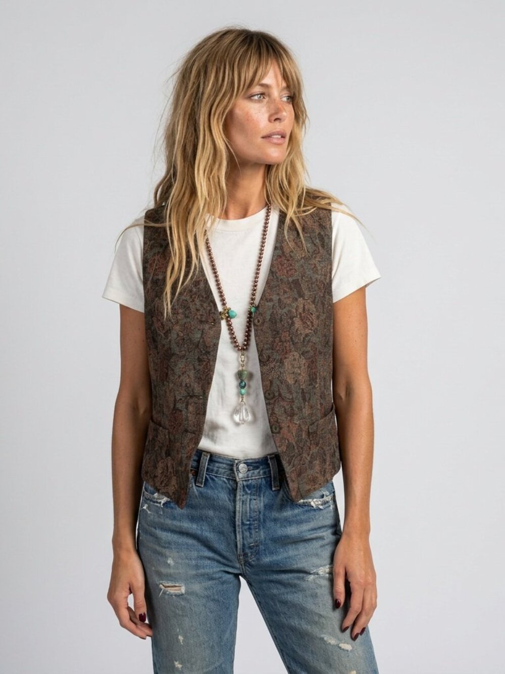 Vest Floral Vintage 90s Anne Klein Brocade Tapestry Earth Tone Sleeveless Jacket